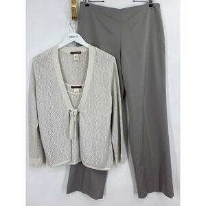 Sigrid Olsen 3 Piece Set Metallic Knit Cardigan Cami Silk Blend Pants Grey 16 L